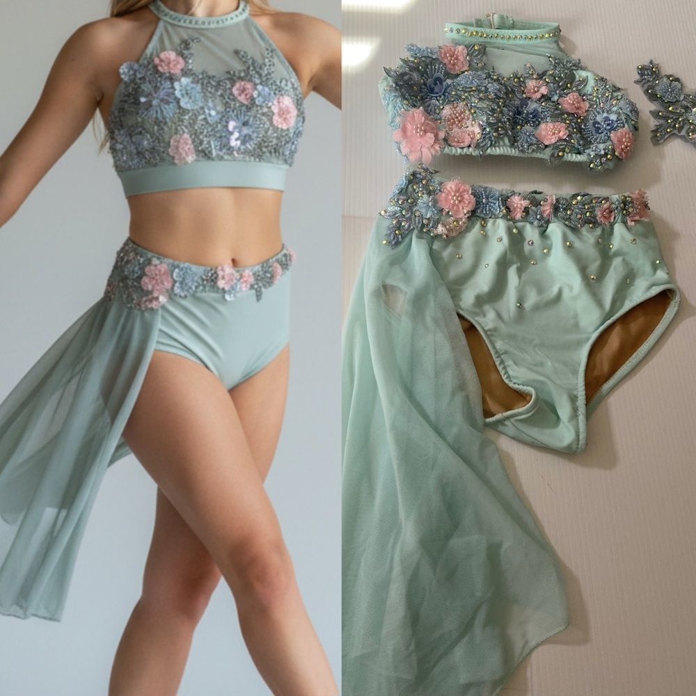Glamour competition, solo dance costume mint green 2 piece lyrical MC child